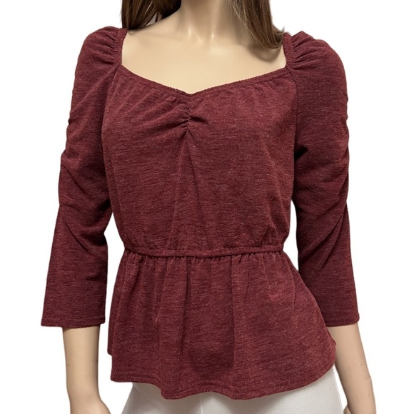 Anthropologie Moon River Peplum Top Blouse Heather Burgundy Ruched Shirred Back - Picture 14 of 16